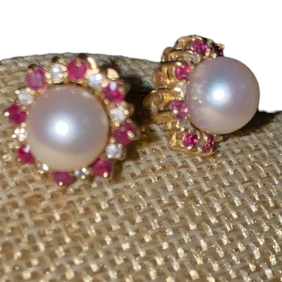 14K Stamped Yellow Gold Pearl Ruby Diamond Earrings